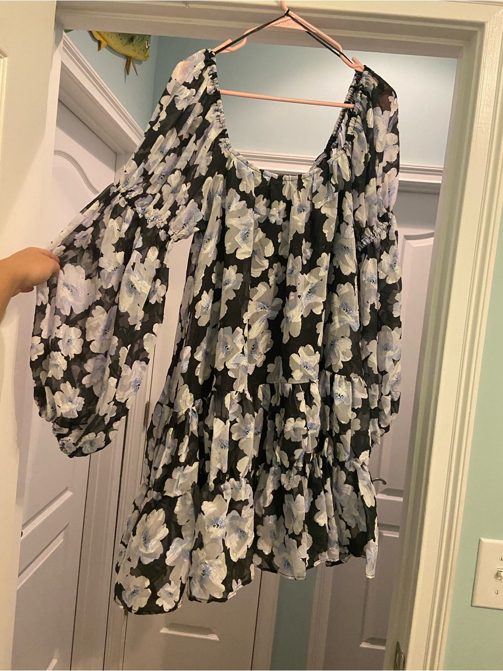 En Saison Black Floral Flowy Off Shoulder Bubble Sleeve Mini Dress